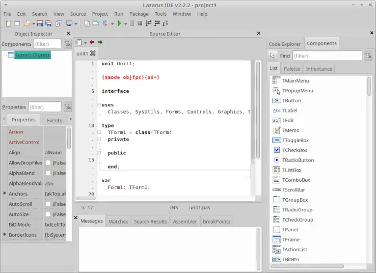 Screenshot of what the single window mode Lazarus IDE looks like, after hiding the component palette on top and reorganizing the toolbar button groups for improved screen real estate usage.