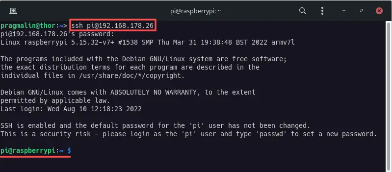 Terminal screenshot demonstrating how to remotely connect to your Raspberry PI via SSH.