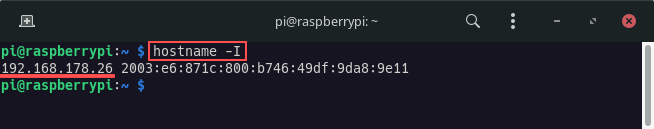 Terminal screenshot that shows the output of command "hostname -I" to obtain the assigned IP address.