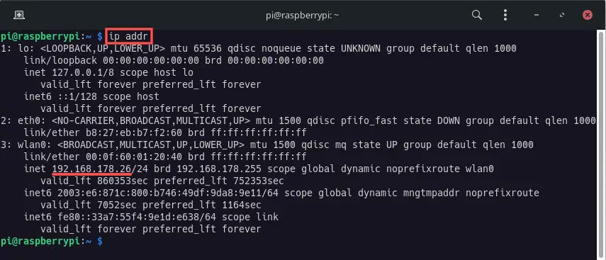 Output of running command "ip addr" to find the IP address of the Raspberry PI.