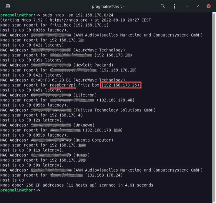Screenshot showing the output of the "nmap -sn" command to find the IP address assigned to the Raspberry PI.