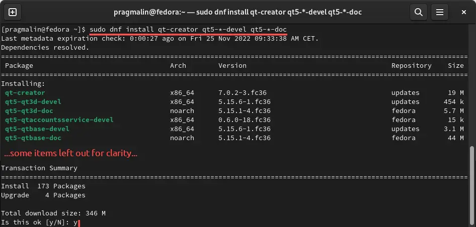 Terminal screenshot that shows how to install Qt5 and the Qt Creator with dnf on Fedora Linux.