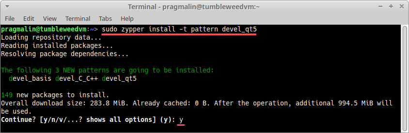 Terminal screenshot of installing Qt5 and the Qt Creator with zypper on openSUSE Linux.