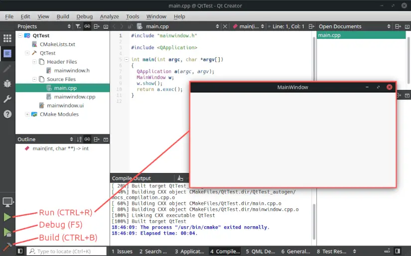 Screenshot of the Qt Creator tool that highlights the buttons for building, running and debugging the Qt5 application.