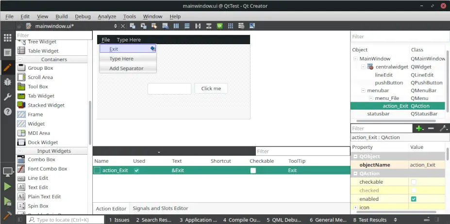 Screenshot of what it looks like to visually design a Qt5 widgets based form with the Qt designer, embedded in Qt Creator.