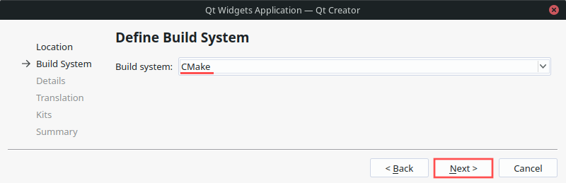 Selecting the CMake build system in Qt Creator's new project wizard.