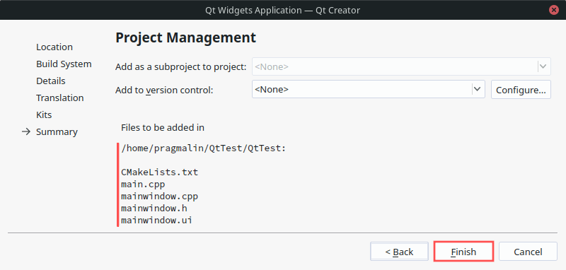 Summary screen of Qt Creator's new project wizard. Click the finish button to actually create the project.