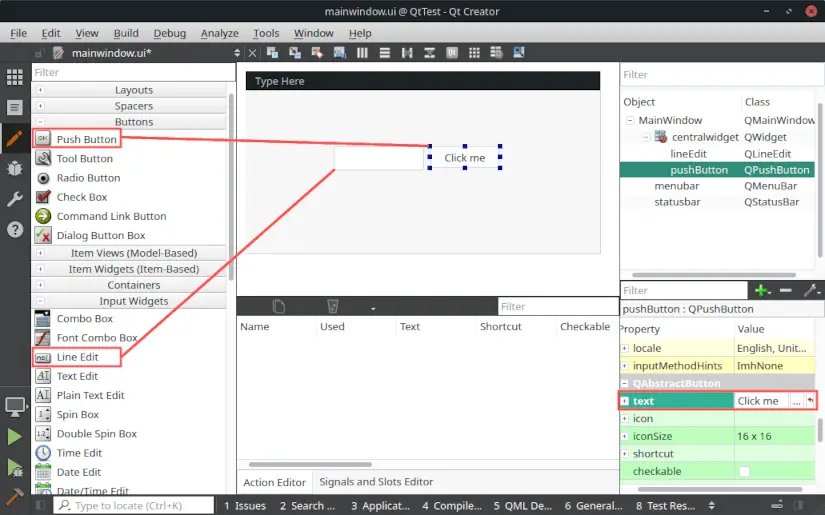 Qt Designer screenshot that highlights how to add a push button and a line edit widget to the form of the application's main window.