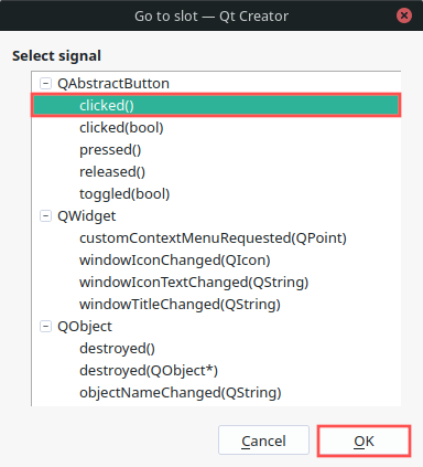 Qt Creator dialog box where you select the push button's signal that you want to create a slot (event handler) for. It highlights the clicked() signal.