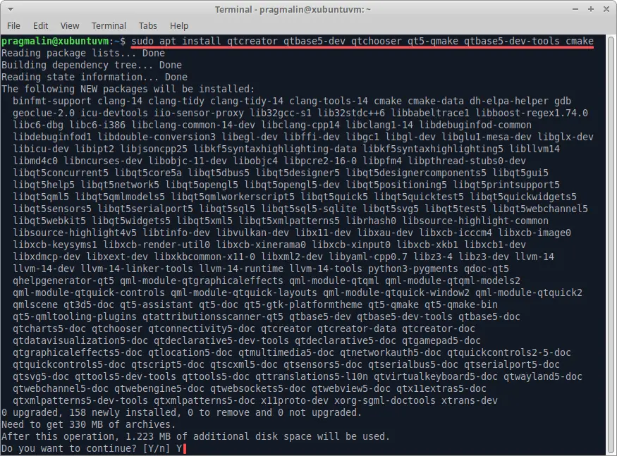 Terminal screenshot that shows how to install Qt5 adn Qt Creator in Ubuntu, Debian and the Raspberry PI operating system, using APT.