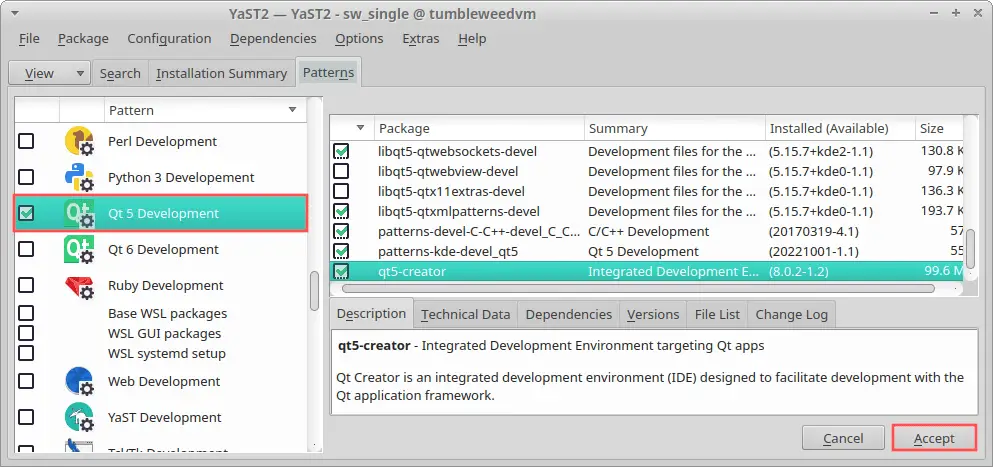 Screenshot of the Yast tool, which illustrates how to select Qt5 and Qt Creator for installation on openSUSE Linux.