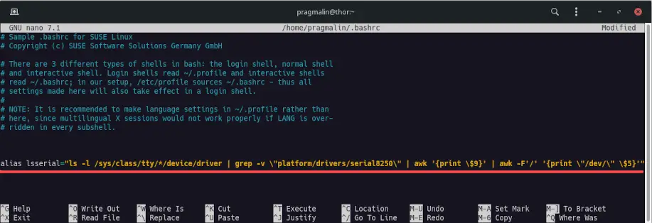 Editing .bashrc to add the "lsserial" alias for conveniently listing all serial port devices on Linux.