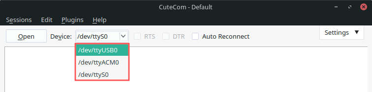 CuteCom screenshot highlighting how you can use it to list the Linux serial port devices.