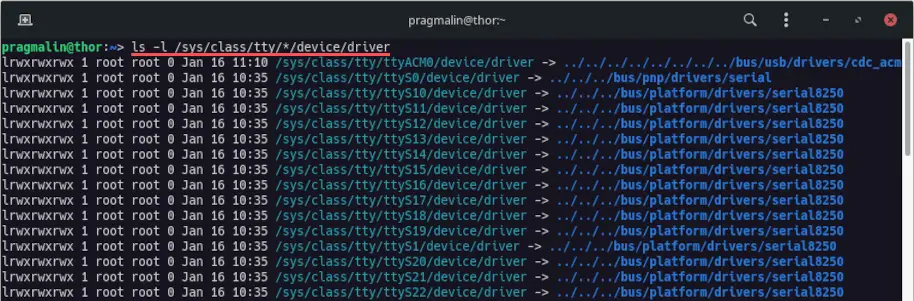 Terminal screenshot that show you how to list all serial devices detected by the Linux kernel.