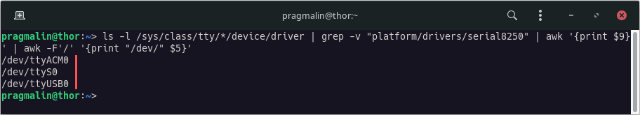 Final terminal output of listing the serial port devices on Linux. This time it outputs the correct device names, needed to connect to the serial port device.