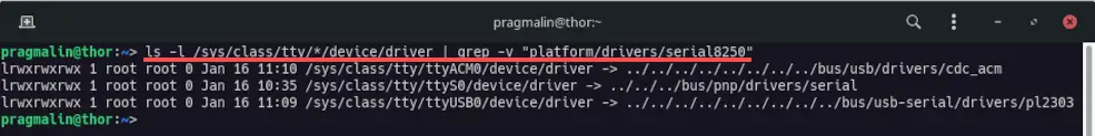 Terminal screenshot that shows you how to list all serial devices detected by the Linux kernel, exluding the virtual and pseudo terminals.