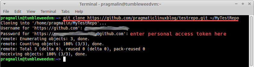 Terminal screenshot that shows how to clone the test repository, while specifying your GitHub personal access token, instead of your account's password.