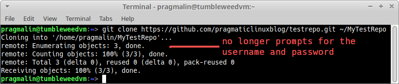 Cloning the GIT test repository again, this time highlighting that you no longer need to enter your username and personal access token, because it now uses the info from the .git-credentials file.