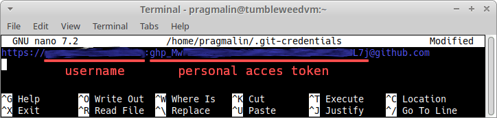 Nano text editor screenshot that shows how to enter your GitHub username and personal access token in the .git-credentials file for the GIT plan fiile credential helper.
