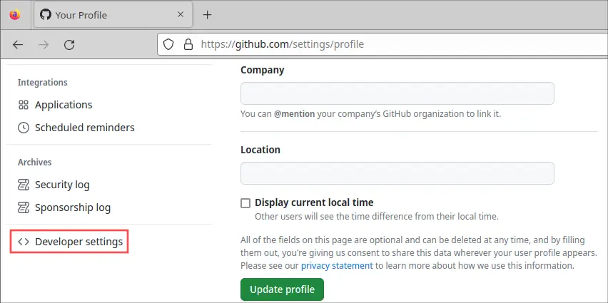 Web browser screenshot of your GitHub profile page. It highlights how to access to the developer settings section.