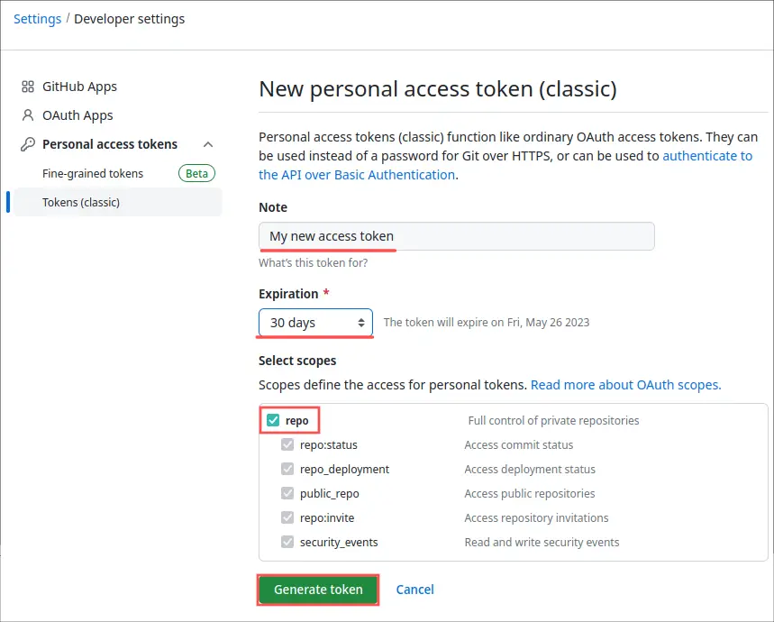 Screenshot of the GitHub new personal access token (classic) page. It highlights the sections to fill out for creating a new GitHub personal access token.