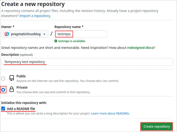 Screenshot of the new repository creation page. It highlights how to create a private repository that we'll use for testing the newly created GitHub personal access token.