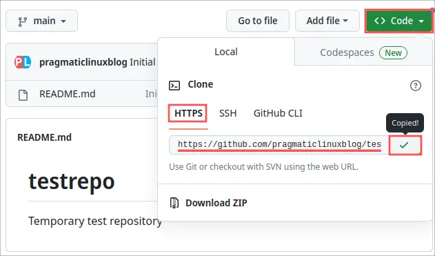 Screenshot that shows you how to get the HTTPS clone URL for the newly created test repository.