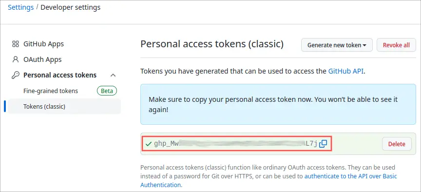 Screenshot of a GitHub webpage that is shown after successfully creating a new classic personal access token. Make sure to copy the personal access token, because you won't be able to see it again, after leaving this webpage.