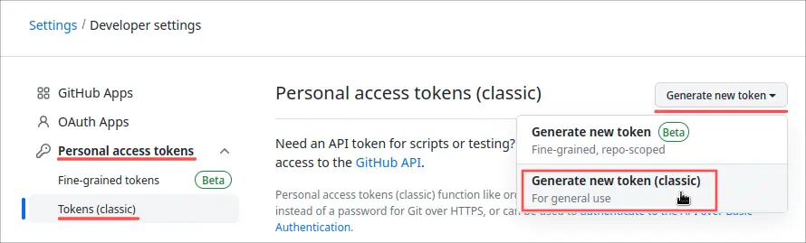 Screenshot of the GitHub developer settings page. It explains how to go to the page for creating a new personal access token.