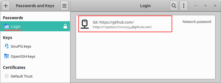 Seahorse screenshot that shows you where you can find your stored GitHub credentials in this password and keys manager.