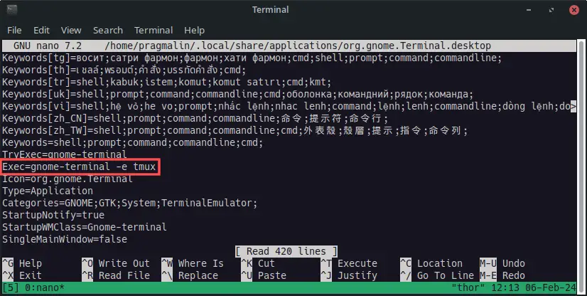 Editing the gnome-terminal desktop launcher by adding the "-e tmux" command-line parameter for autostarting tmux, each time you launch your desktop application.