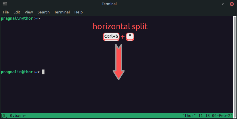 Tmux screenshot that shows the keyboard command sequenc CTRL+B " to spilt panes horizontally.