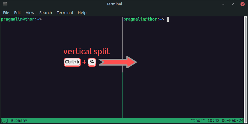 Tmux screenshot that shows the keyboard command sequenc CTRL+B % to spilt panes vertically.